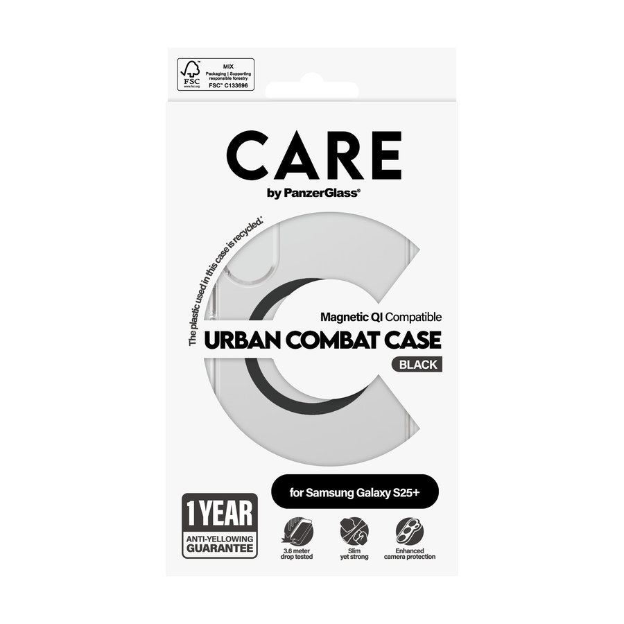 CARE - Puzdro Urban Combat s čiernym QI pre Samsung Galaxy S25+, transparentná