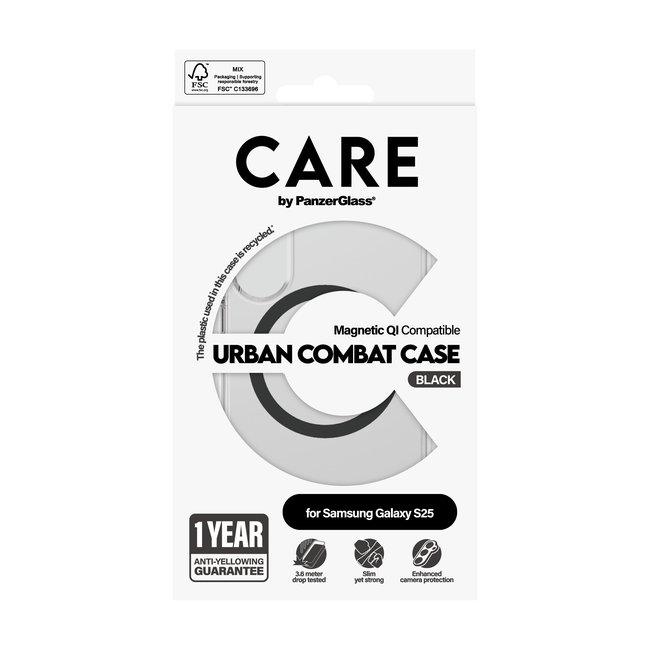 CARE - Puzdro Urban Combat s čiernym QI pre Samsung Galaxy S25, transparentná