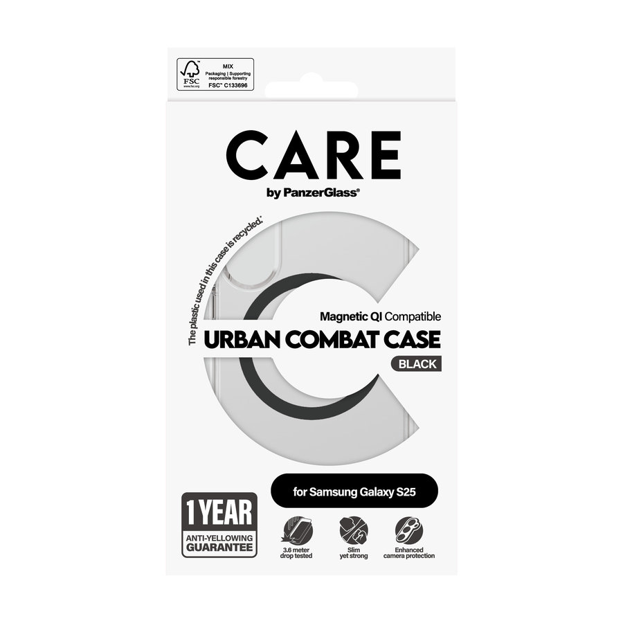 CARE - Puzdro Urban Combat s čiernym QI pre Samsung Galaxy S25, transparentná