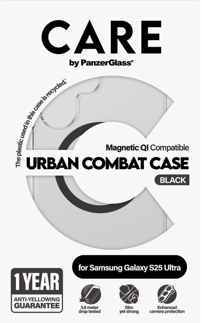 CARE - Puzdro Urban Combat s čiernym QI pre Samsung Galaxy S25 Ultra, transparentná