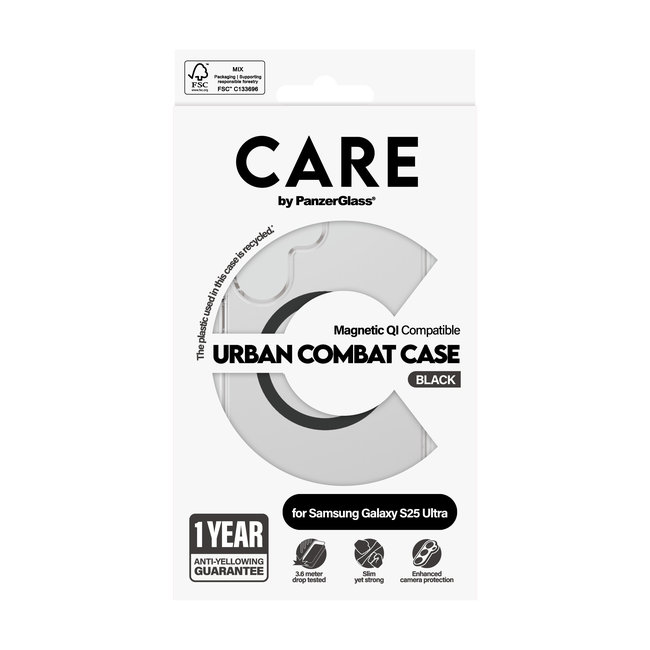 CARE - Puzdro Urban Combat s čiernym QI pre Samsung Galaxy S25 Ultra, transparentná