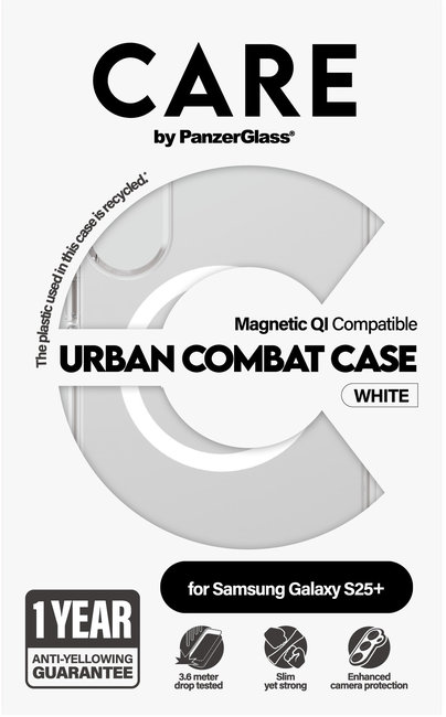 CARE - Puzdro Urban Combat s bielym QI pre Samsung Galaxy S25+, transparentná