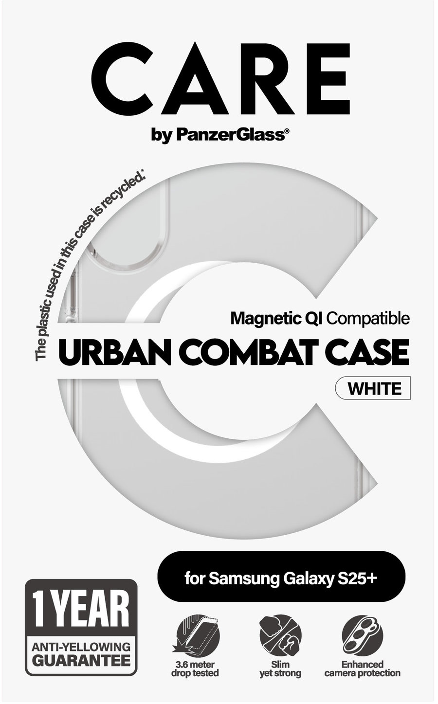 CARE - Puzdro Urban Combat s bielym QI pre Samsung Galaxy S25+, transparentná