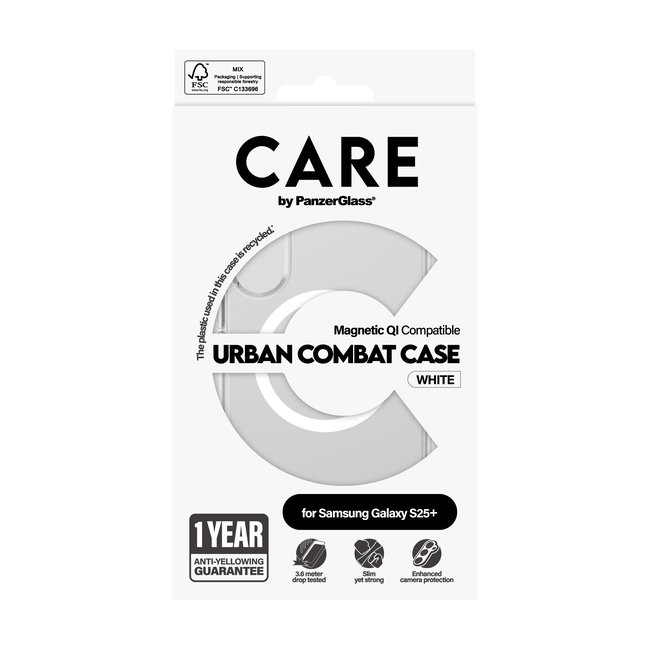 CARE - Puzdro Urban Combat s bielym QI pre Samsung Galaxy S25+, transparentná