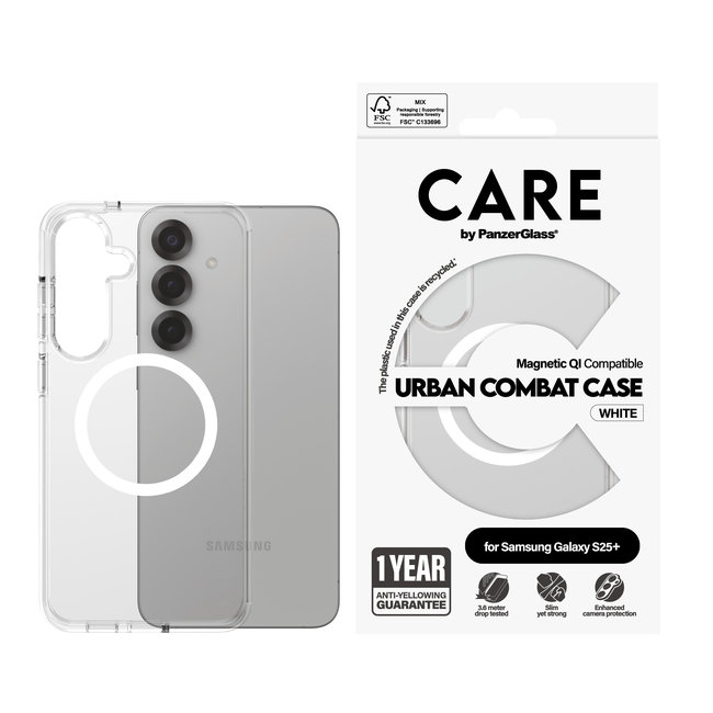 CARE - Puzdro Urban Combat s bielym QI pre Samsung Galaxy S25+, transparentná