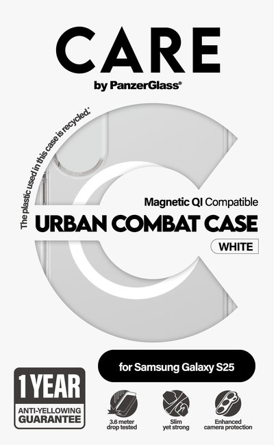 CARE - Puzdro Urban Combat s bielym QI pre Samsung Galaxy S25, transparentná