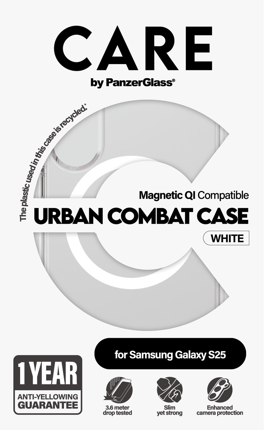 CARE - Puzdro Urban Combat s bielym QI pre Samsung Galaxy S25, transparentná