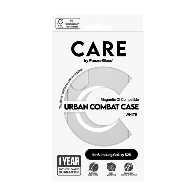 CARE - Puzdro Urban Combat s bielym QI pre Samsung Galaxy S25, transparentná