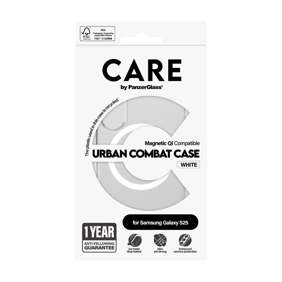 CARE - Puzdro Urban Combat s bielym QI pre Samsung Galaxy S25, transparentná