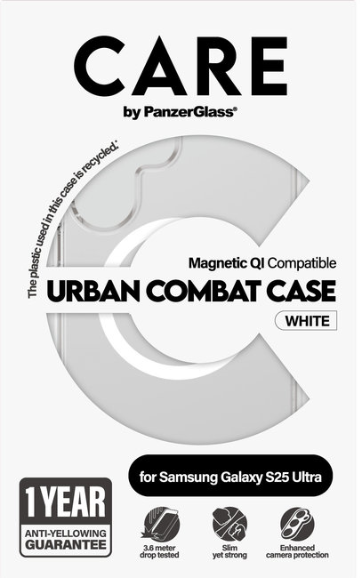 CARE - Puzdro Urban Combat s bielym QI pre Samsung Galaxy S25 Ultra, transparentná