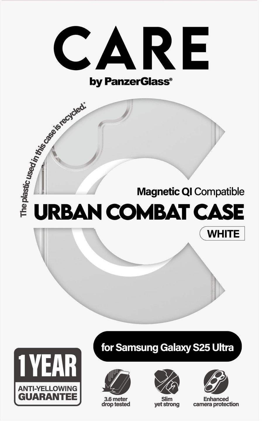 CARE - Puzdro Urban Combat s bielym QI pre Samsung Galaxy S25 Ultra, transparentná