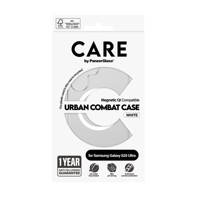 CARE - Puzdro Urban Combat s bielym QI pre Samsung Galaxy S25 Ultra, transparentná