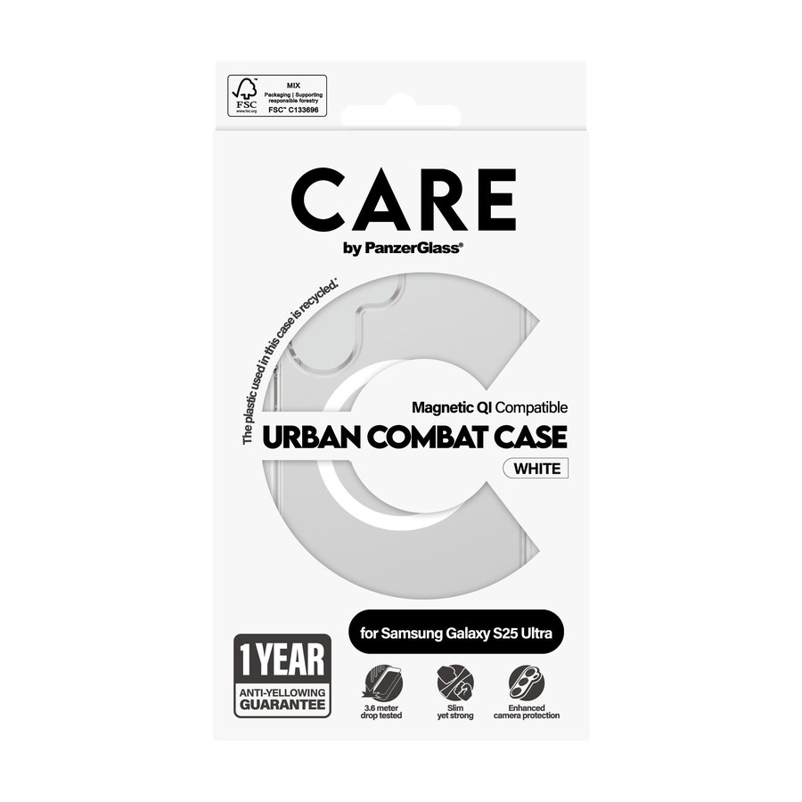 CARE - Puzdro Urban Combat s bielym QI pre Samsung Galaxy S25 Ultra, transparentná