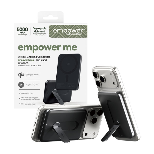 empower - Bezdrôtová PowerBank 5000 mAh, s otočným stojanom 20 W, kompatibilná s MagSafe, Qi2/USB-C, vesmírna čierna