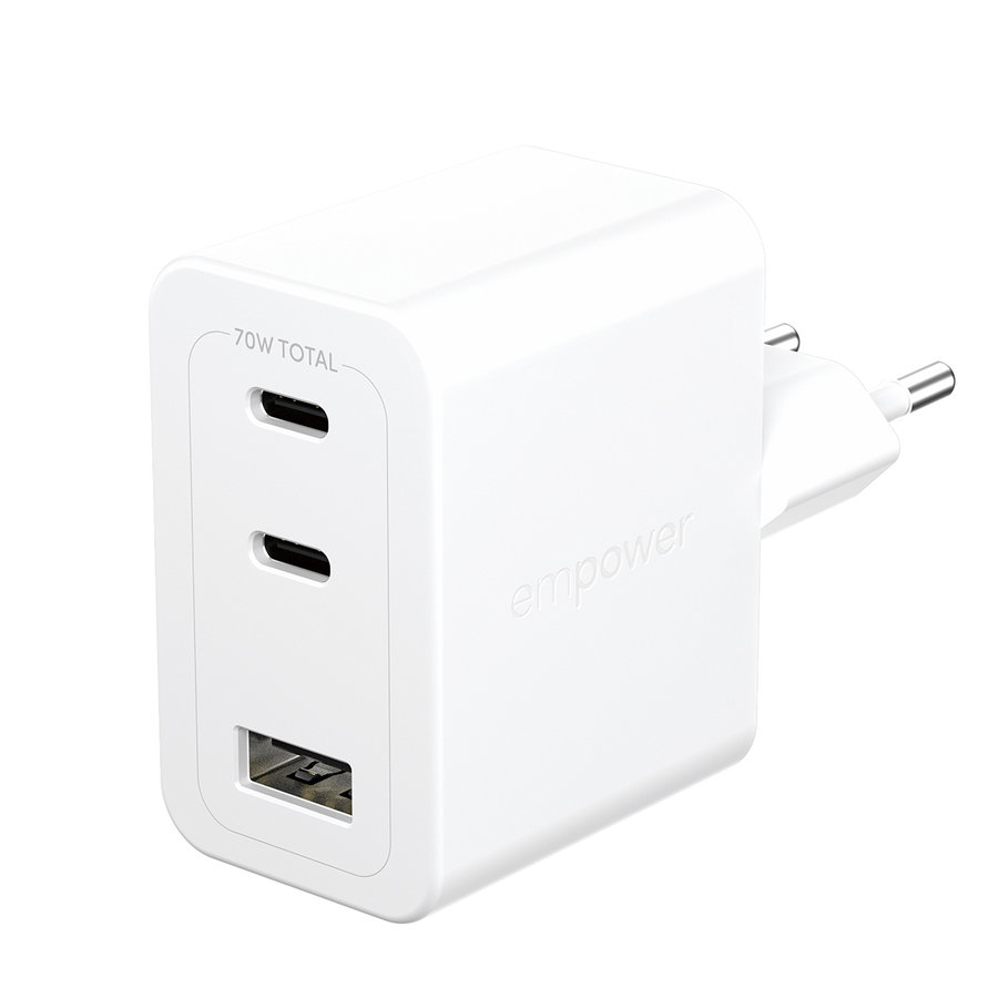 empower - Cestovný adaptér Grand Prix 2x USB-C/USB-A, GaN, 70 W PD, striebornobiela