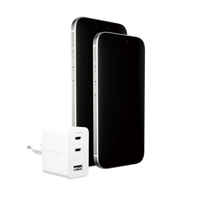 empower - Cestovný adaptér Grand Prix 2x USB-C/USB-A, GaN, 70 W PD, striebornobiela