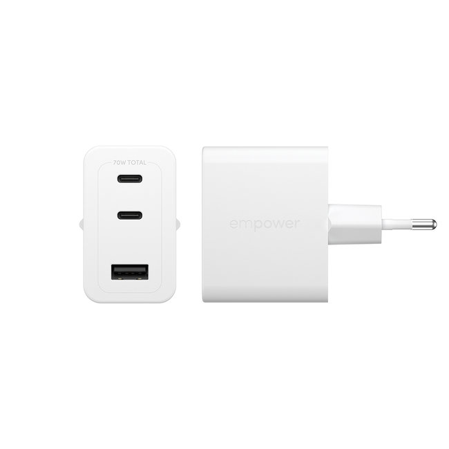 empower - Cestovný adaptér Grand Prix 2x USB-C/USB-A, GaN, 70 W PD, striebornobiela