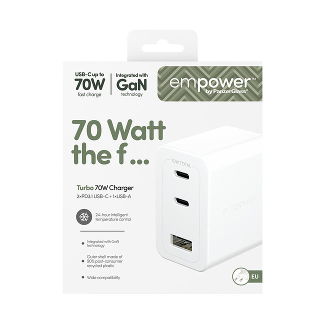 empower - Cestovný adaptér Grand Prix 2x USB-C/USB-A, GaN, 70 W PD, striebornobiela