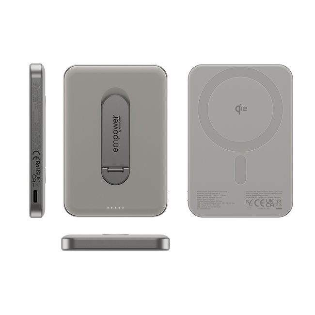 empower - Bezdrôtová PowerBank 5000 mAh, s otočným stojanom 20 W, kompatibilná s MagSafe, Qi2/USB-C, titán