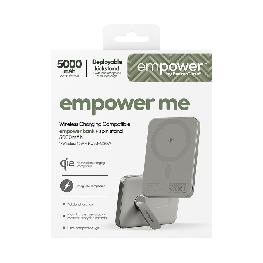 empower - Bezdrôtová PowerBank 5000 mAh, s otočným stojanom 20 W, kompatibilná s MagSafe, Qi2/USB-C, titán