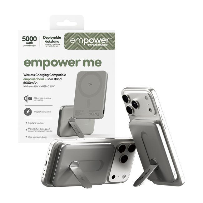 empower - Bezdrôtová PowerBank 5000 mAh, s otočným stojanom 20 W, kompatibilná s MagSafe, Qi2/USB-C, titán