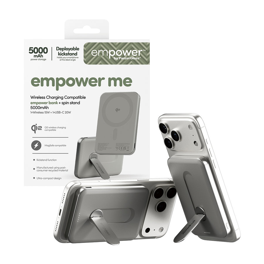 empower - Bezdrôtová PowerBank 5000 mAh, s otočným stojanom 20 W, kompatibilná s MagSafe, Qi2/USB-C, titán