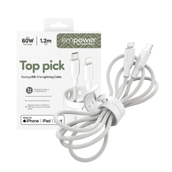 empower - Kábel USB-C/Lightning, 60 W, Racing, 1,2 m, striebornobiela