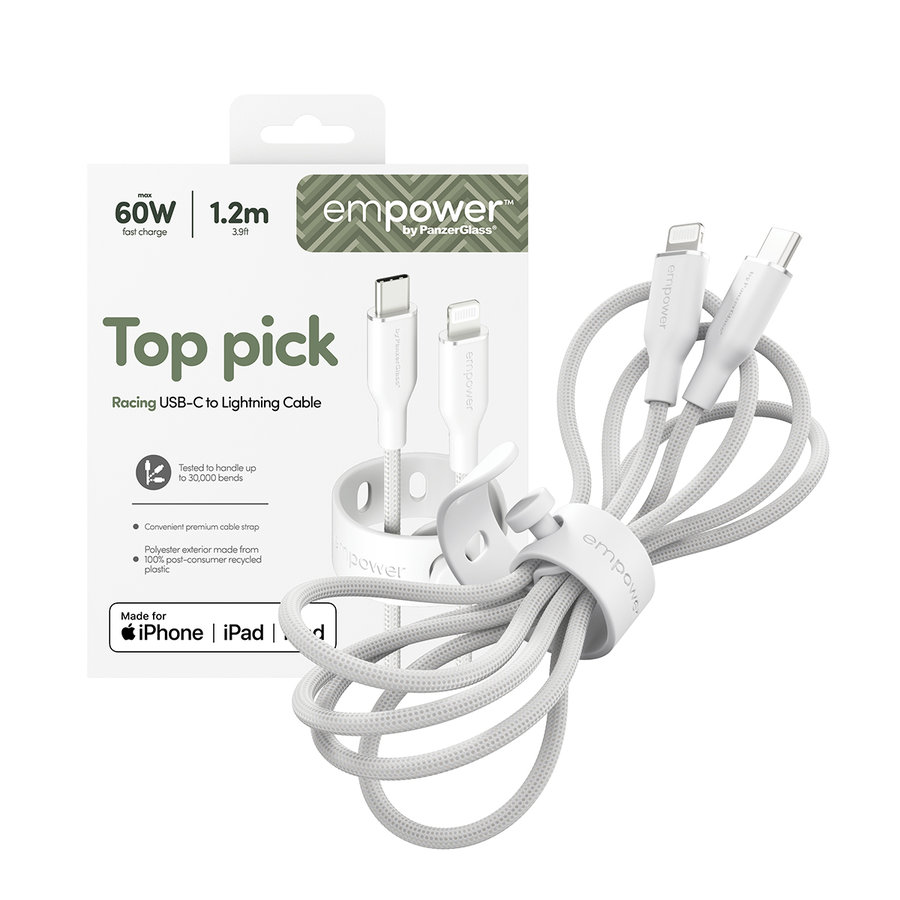 empower - Kábel USB-C/Lightning, 60 W, Racing, 1,2 m, striebornobiela