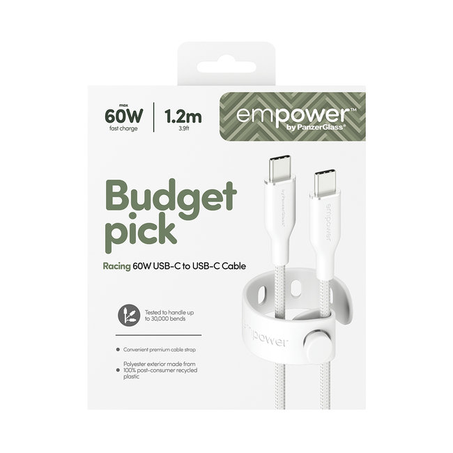 empower - Kábel USB-C, 60 W, Racing, 1,2 m, striebornobiela