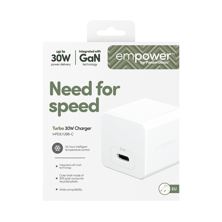 empower - Cestovný adaptér Grand Prix USB-C, GaN, 30 W PD, striebornobiela