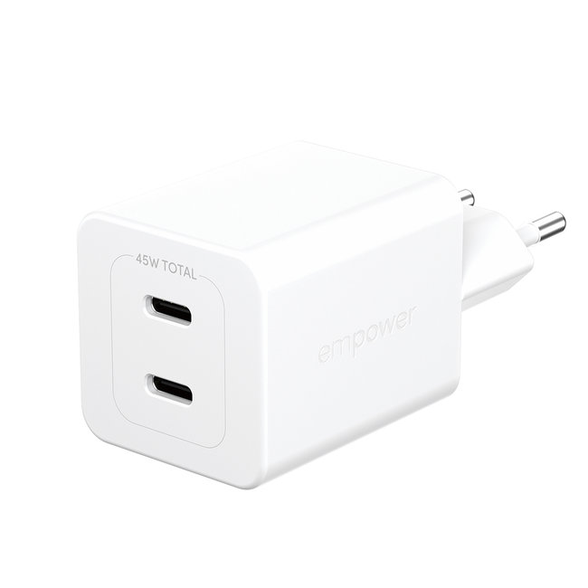 empower - Cestovný adaptér Grand Prix 2x USB-C, GaN, 45 W PD, striebornobiela