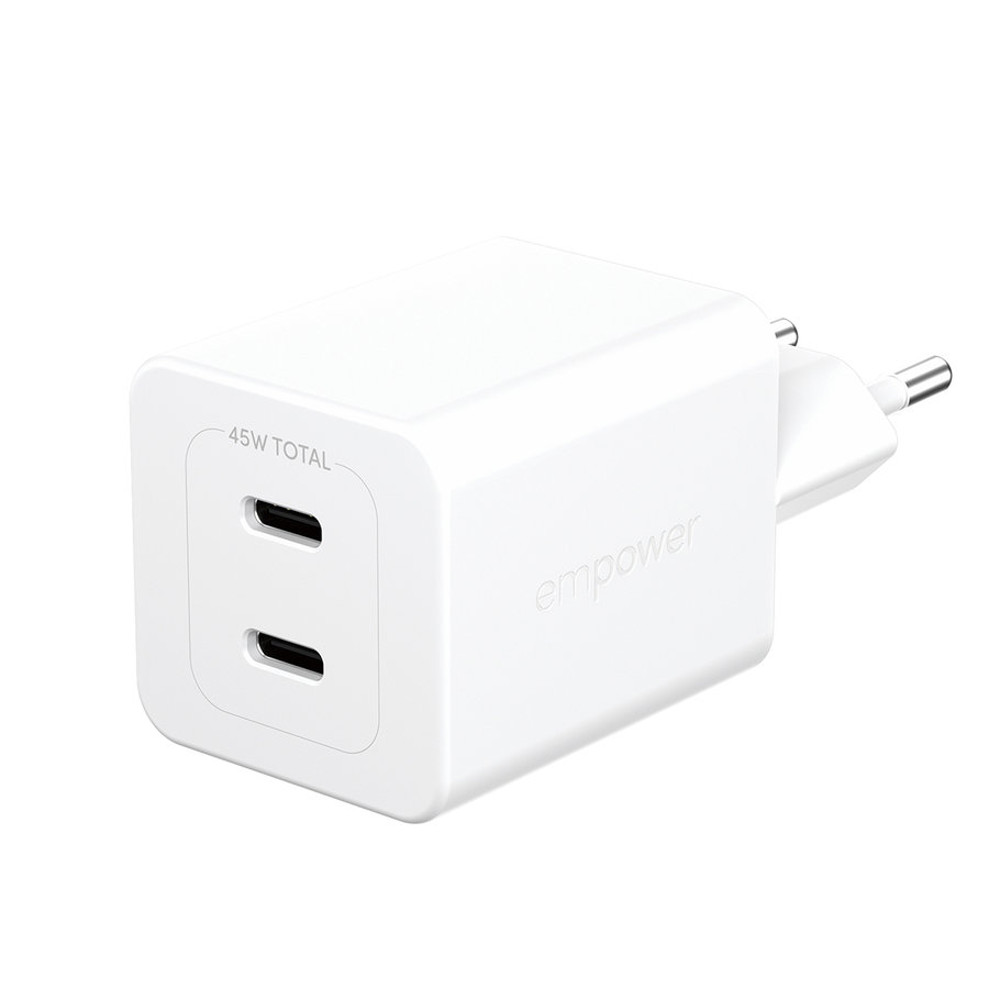 empower - Cestovný adaptér Grand Prix 2x USB-C, GaN, 45 W PD, striebornobiela