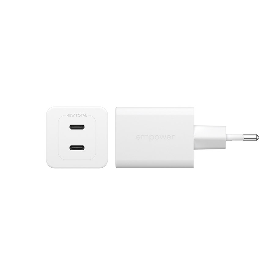 empower - Cestovný adaptér Grand Prix 2x USB-C, GaN, 45 W PD, striebornobiela