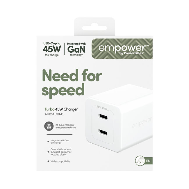 empower - Cestovný adaptér Grand Prix 2x USB-C, GaN, 45 W PD, striebornobiela