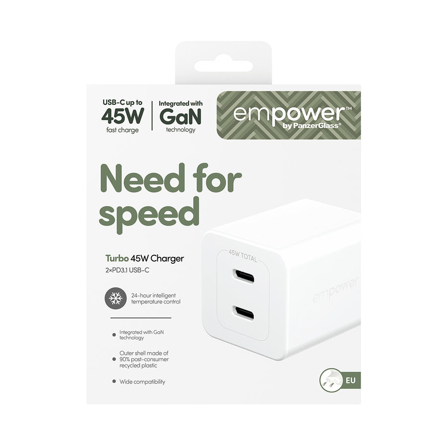 empower - Cestovný adaptér Grand Prix 2x USB-C, GaN, 45 W PD, striebornobiela