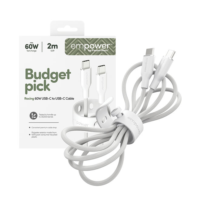 empower - Kábel USB-C, 60 W, Racing, 2 m, striebornobiela