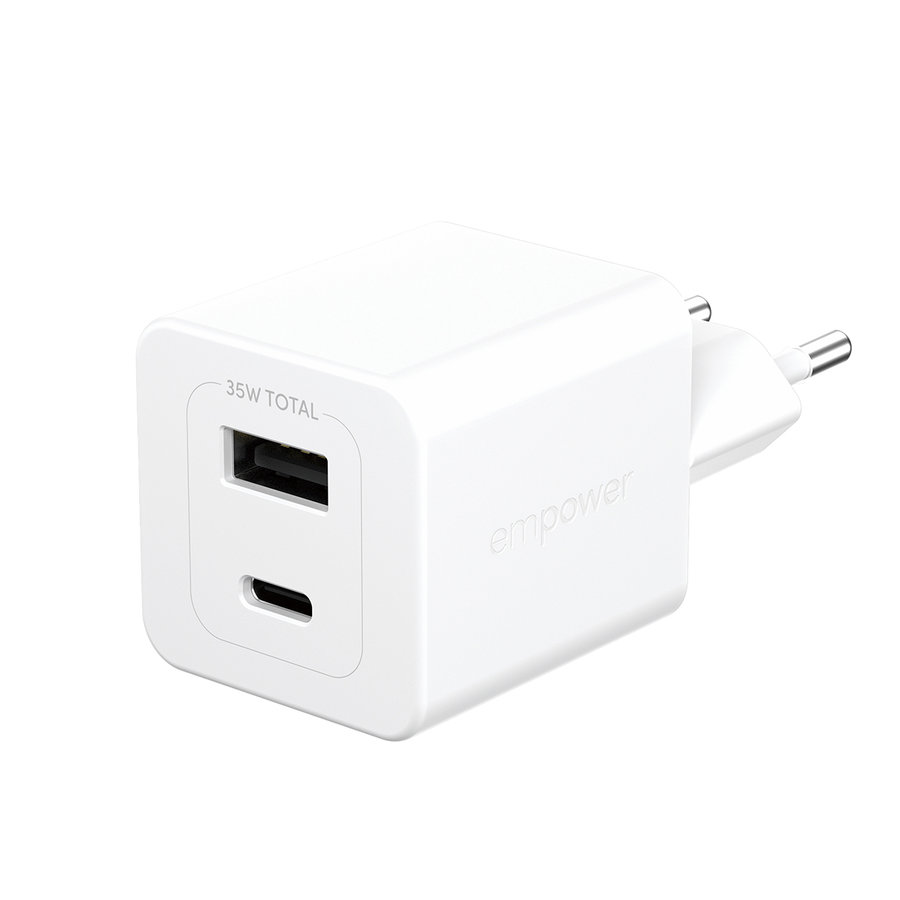 empower - Cestovný adaptér Grand Prix USB-C/USB-A, GaN, 35 W PD, striebornobiela