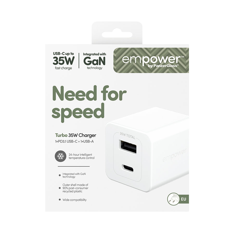 empower - Cestovný adaptér Grand Prix USB-C/USB-A, GaN, 35 W PD, striebornobiela