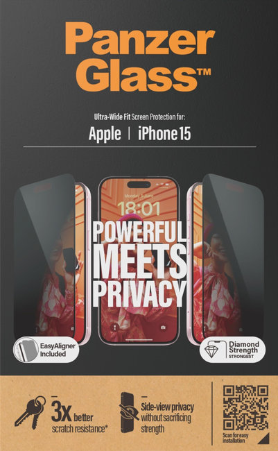 Tvrdené sklo UWF Privacy s aplikátorom pre iPhone 15, čierna