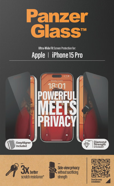 Tvrdené sklo UWF Privacy s aplikátorom pre iPhone 15 Pro, čierna