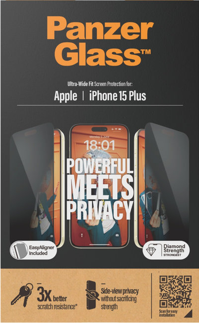 Tvrdené sklo UWF Privacy s aplikátorom pre iPhone 15 Plus, čierna