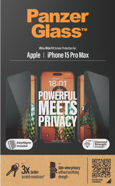 Tvrdené sklo UWF Privacy s aplikátorom pre iPhone 15 Pro Max, čierna