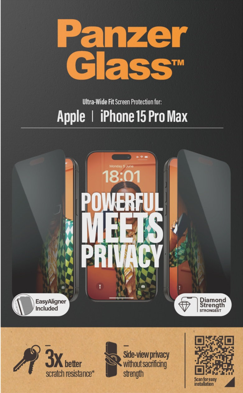 Tvrdené sklo UWF Privacy s aplikátorom pre iPhone 15 Pro Max, čierna
