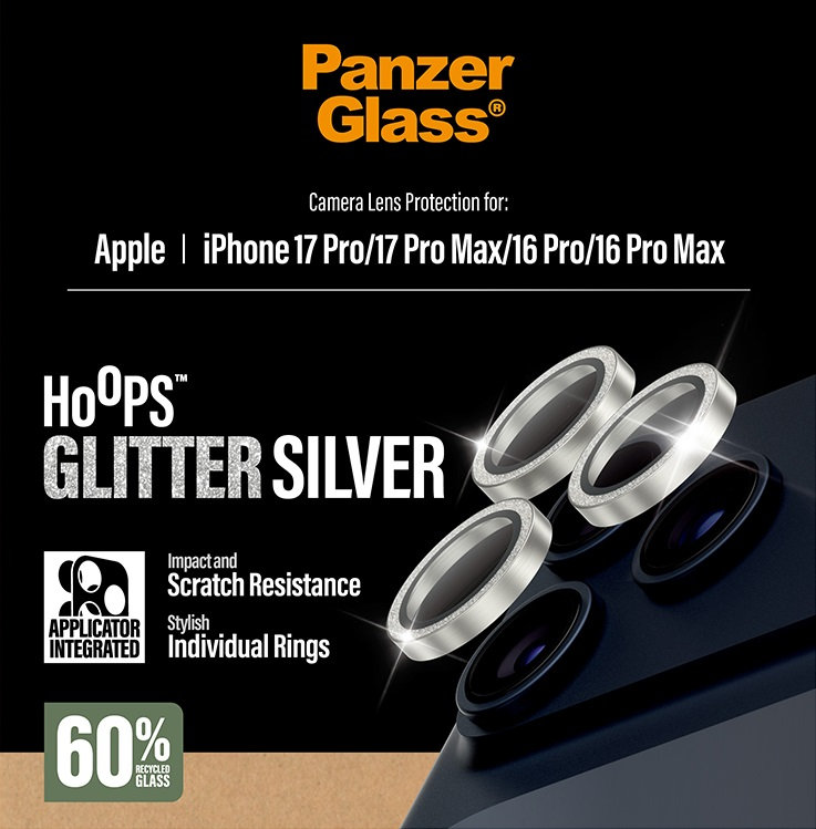 Ochranný kryt objektívu Hoops pre iPhone 17 Pro Max/17 Pro/16 Pro Max/16 Pro, glitter silver
