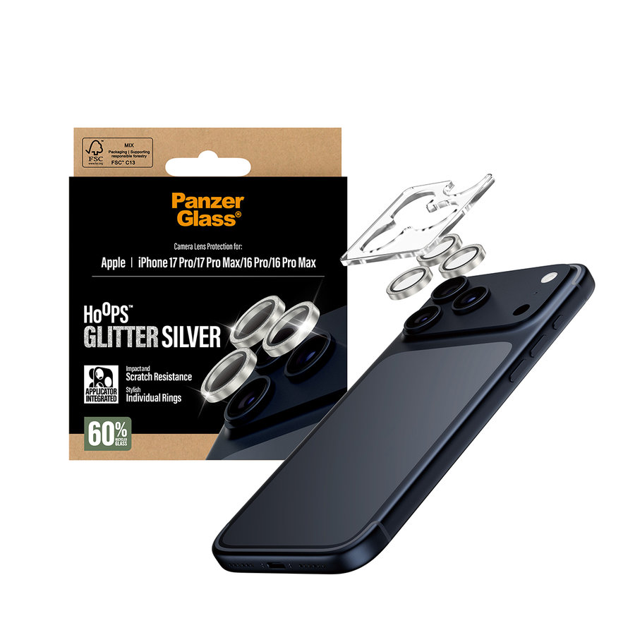 Ochranný kryt objektívu Hoops pre iPhone 17 Pro Max/17 Pro/16 Pro Max/16 Pro, glitter silver