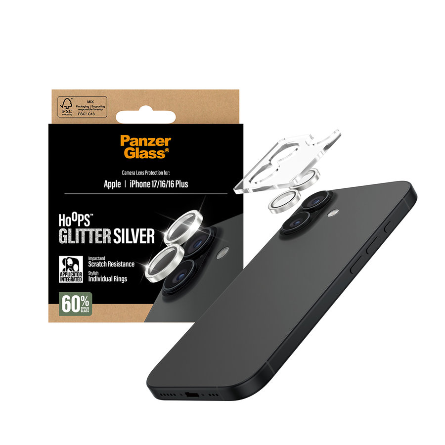 Ochranný kryt objektívu Hoops pre iPhone 17/16 Plus/16, glitter silver
