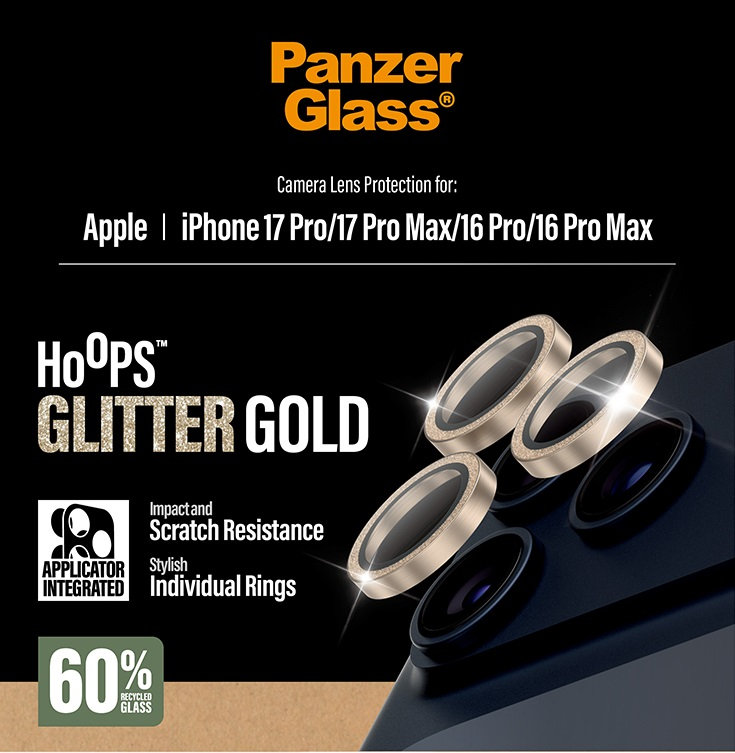 Ochranný kryt objektívu Hoops pre iPhone 17 Pro Max/17 Pro/16 Pro Max/16 Pro, glitter gold