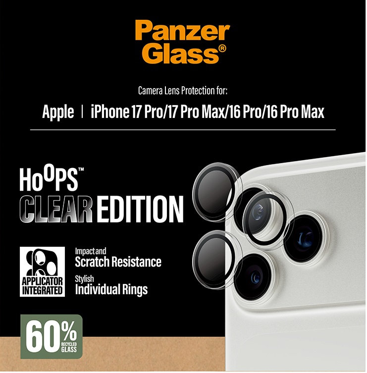 Ochranný kryt objektívu Hoops pre iPhone 17 Pro Max/17 Pro/16 Pro Max/16 Pro, číra