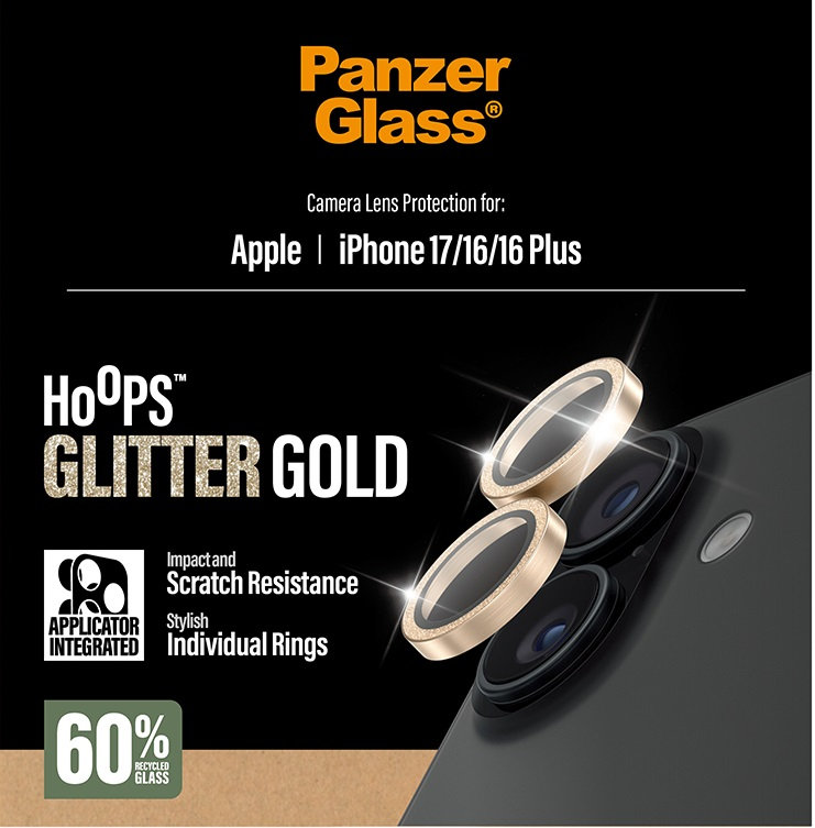 Ochranný kryt objektívu Hoops pre iPhone 17/16 Plus/16, glitter gold