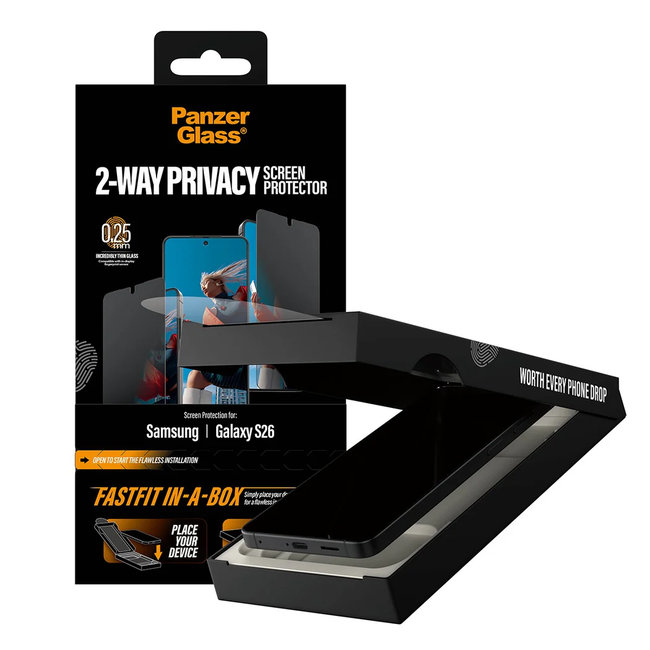 Tvrdené sklo UWF 2-Way Privacy s FASTFIT In-A-Box pre Samsung Galaxy S26, číra